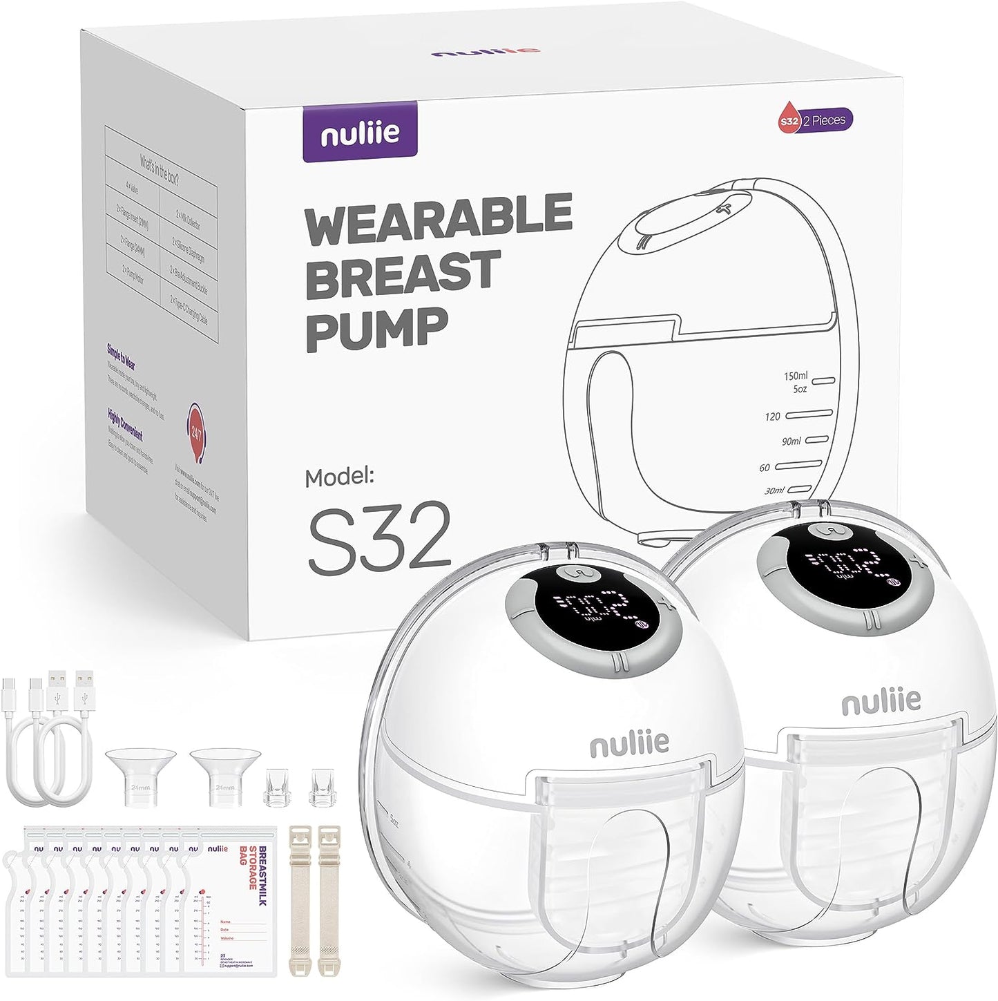 Nuliie Electric Portable S32 Breast Pump, 4 Modes, 9 Levels, 24 mm Flange with LED Display, Additional 1 Flange 18 mm & 21 mm and Interchangeable Duck Valves (2 Packs, White)