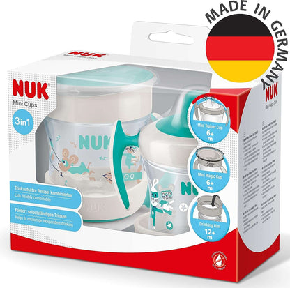 NUK Mini Cups 3-in-1 Learning Cup Set, Mini Magic Cup and Trainer Cup, Leak-Proof 360° Drinking Rim from 6 Months, Practical Handles, BPA-Free, 160 ml, Pack of 2