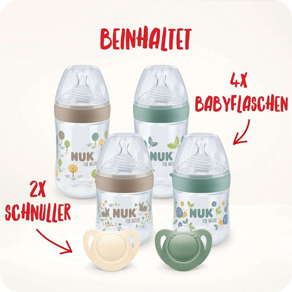 NUK for Nature Perfect Start Set, 4 Bottles with Temperature Control Display (2 x 150 ml Size S, 2 x 260 ml M), 2 Dummies (0-6 Months), Multi-Coloured