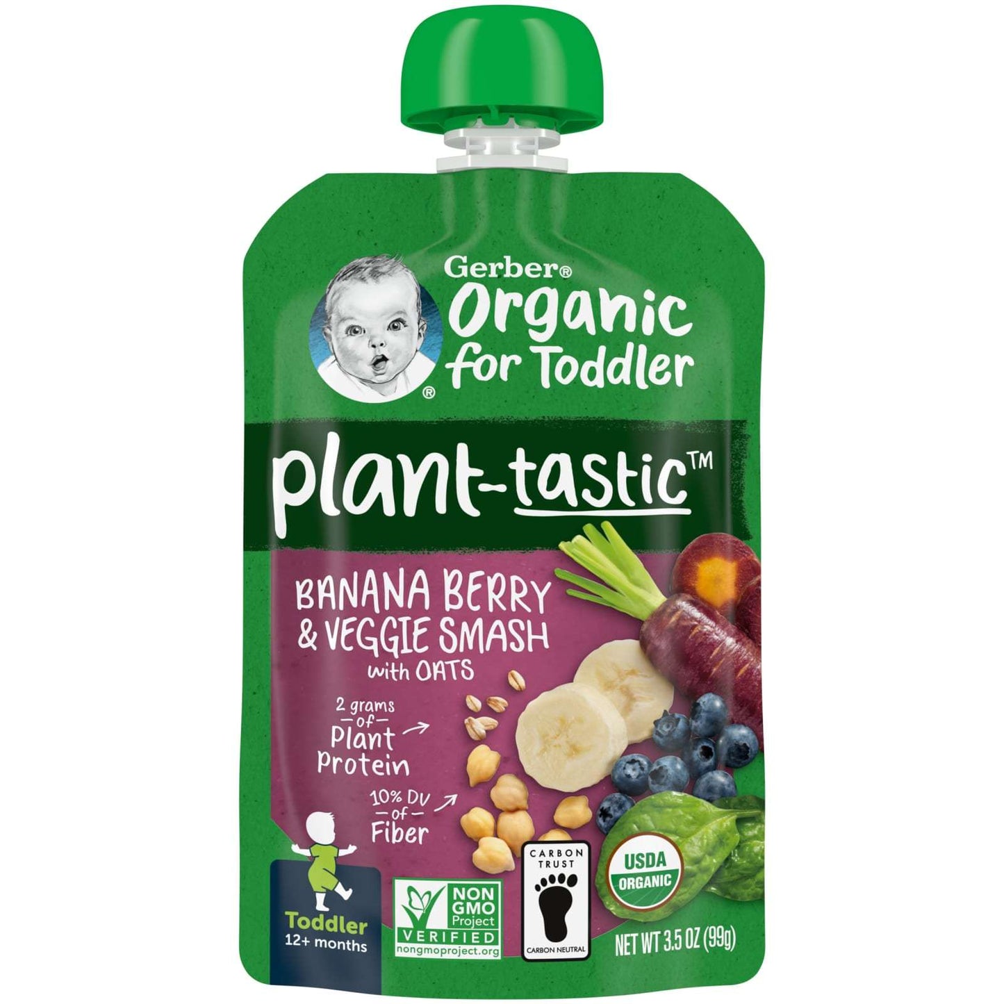 Gerber, Plant-Tastic, Organic Toddler, Banana Berry & Veggie Smash with Oats, 12 Months+, 3.5 oz (99 g)